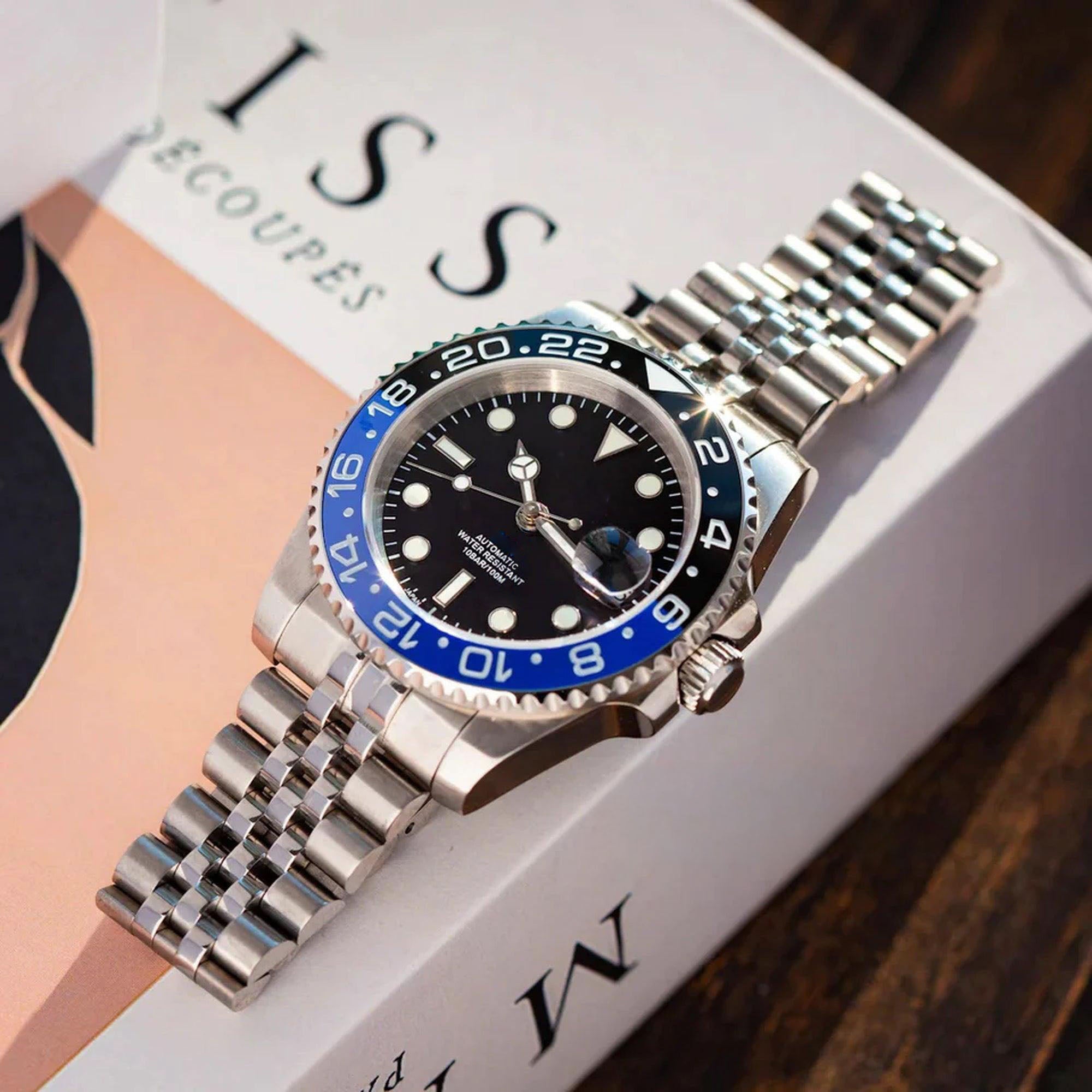 GMT Automatklokke 40 mm – Sort/Blå Ramme, Stållenke